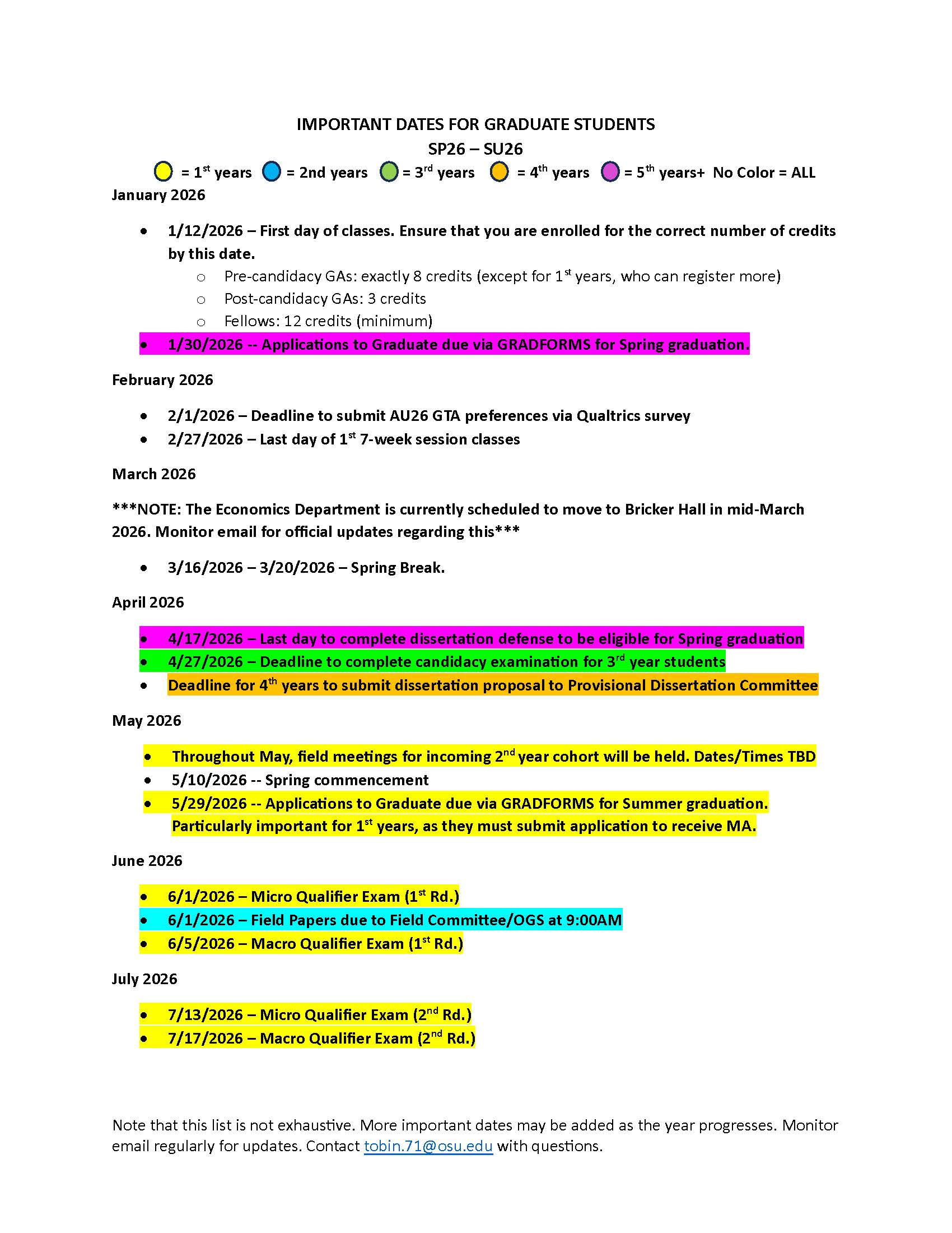 Important dates and dealdines SP26-SU26