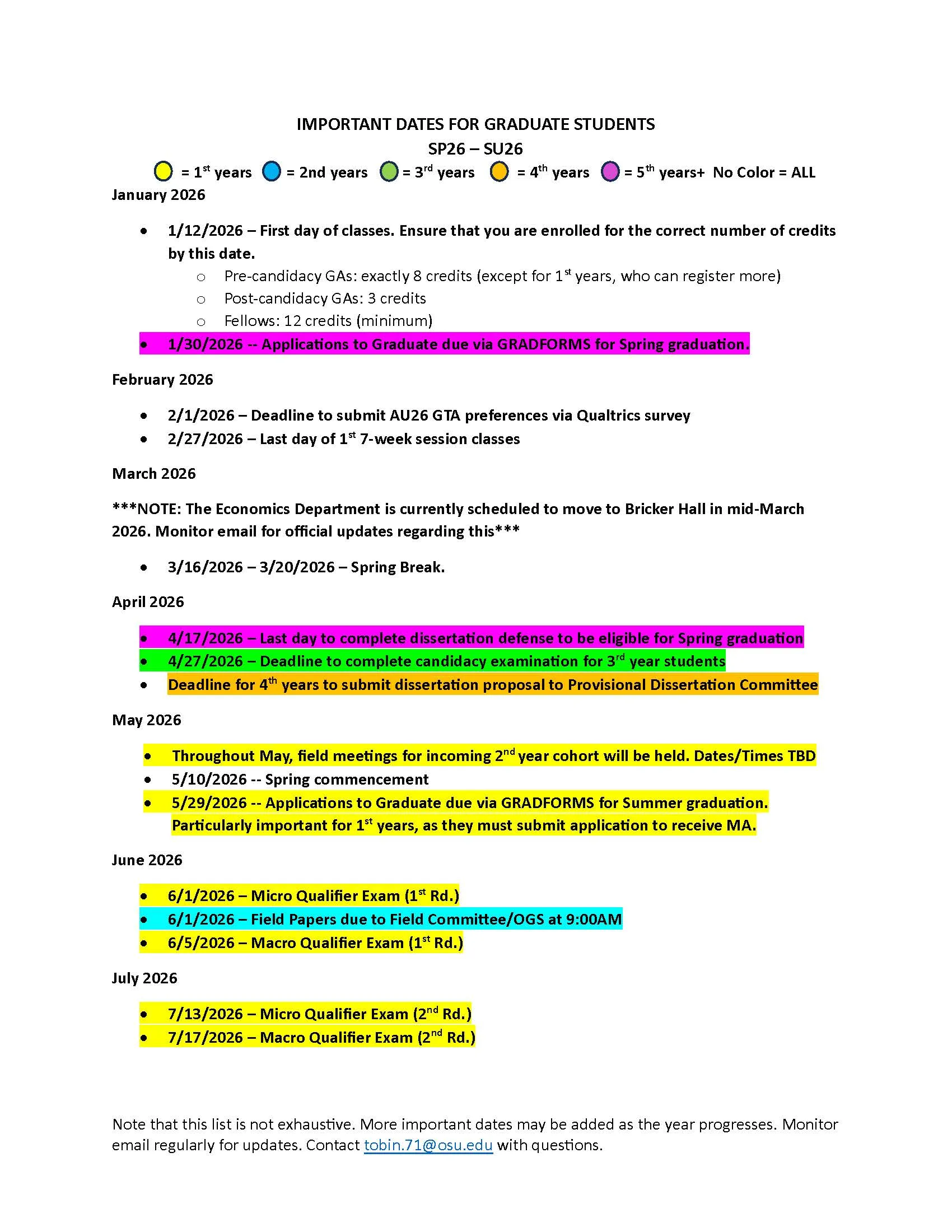 Important dates and dealdines SP26-SU26